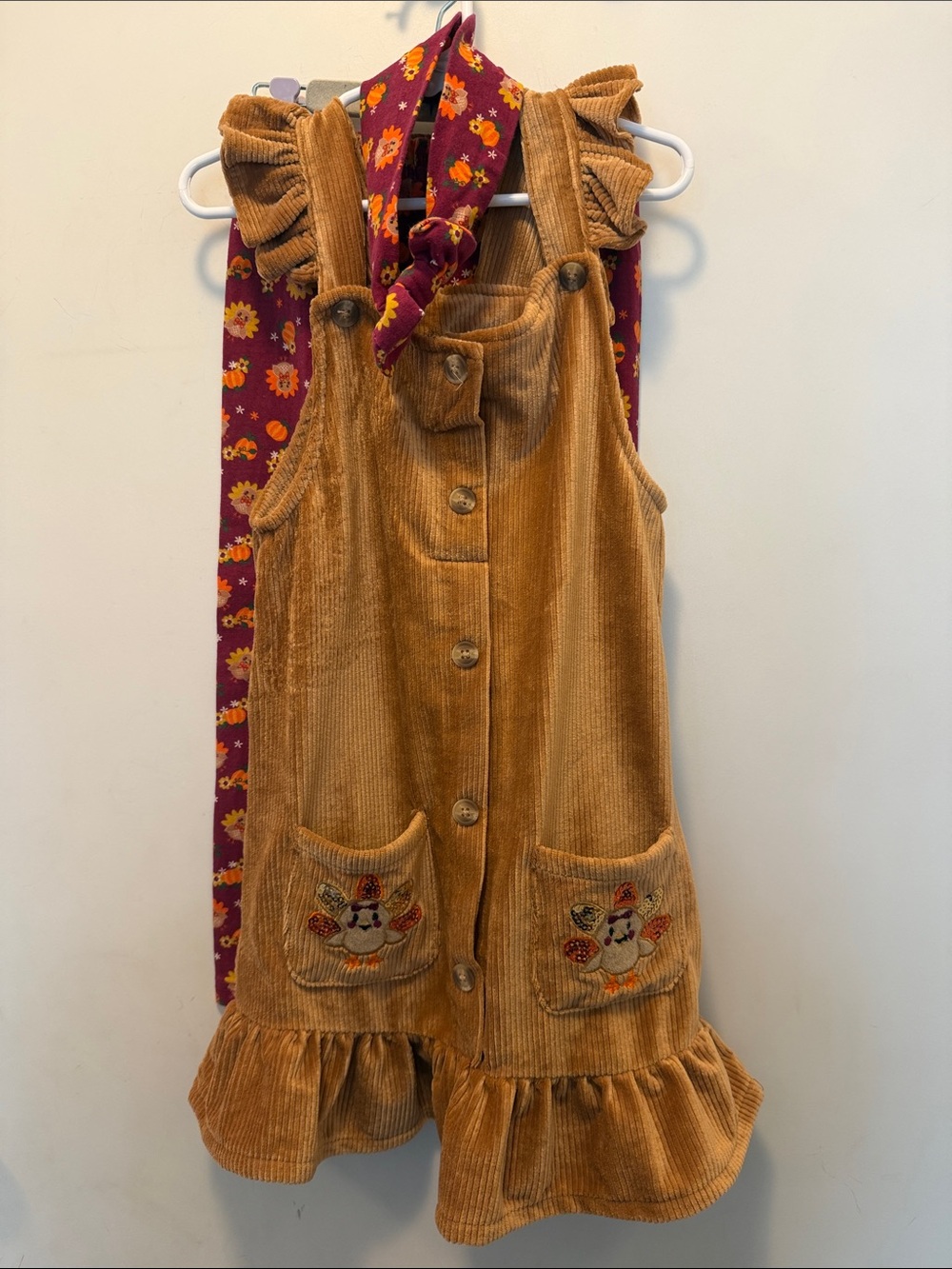 Girls' Soft Brown Corduroy Ruffle Pinafore Dress w/ Matching Pants & Headband